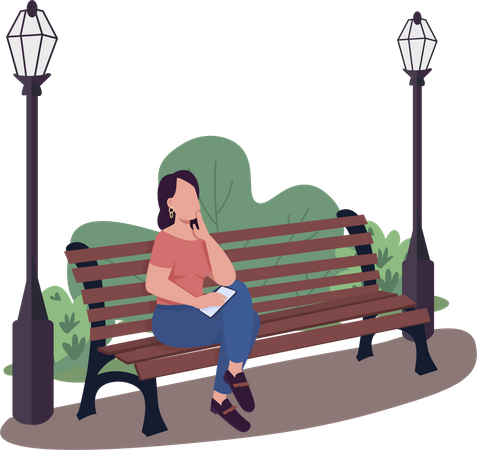 Femme assise sur un banc dans un parc  Illustration