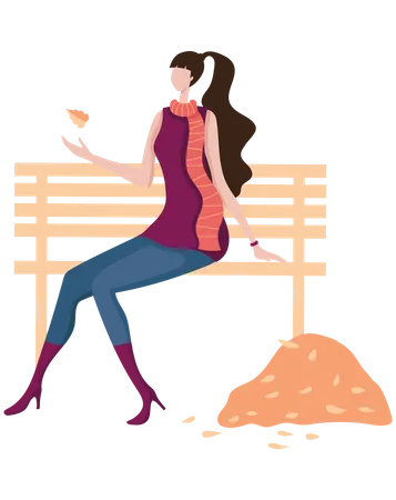 Femme assise sur un banc dans un parc  Illustration