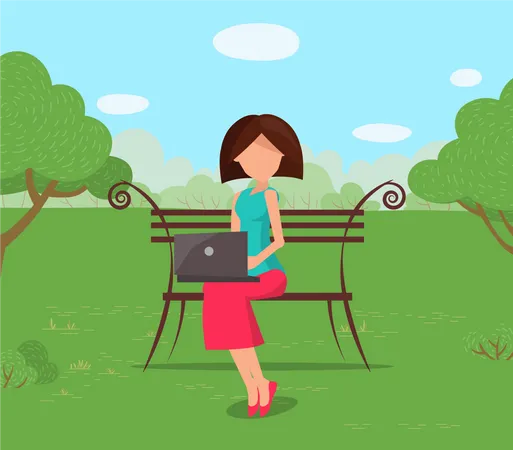 Femme assise sur un banc dans un parc avec un ordinateur portable  Illustration