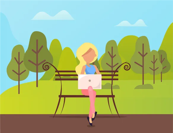 Femme assise sur un banc dans un parc à l'aide d'un ordinateur portable  Illustration