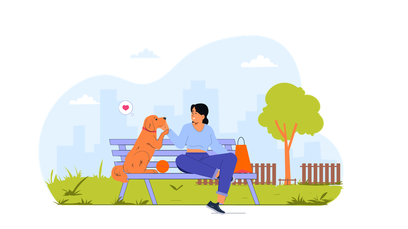 Femme assise sur un banc de parc avec son chien  Illustration