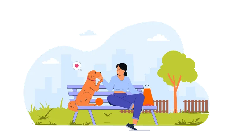 Femme assise sur un banc de parc avec son chien  Illustration