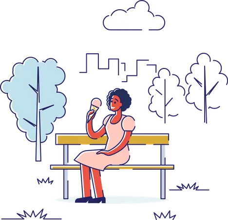 Femme assise sur un banc de parc et ayant un cornet de glace  Illustration