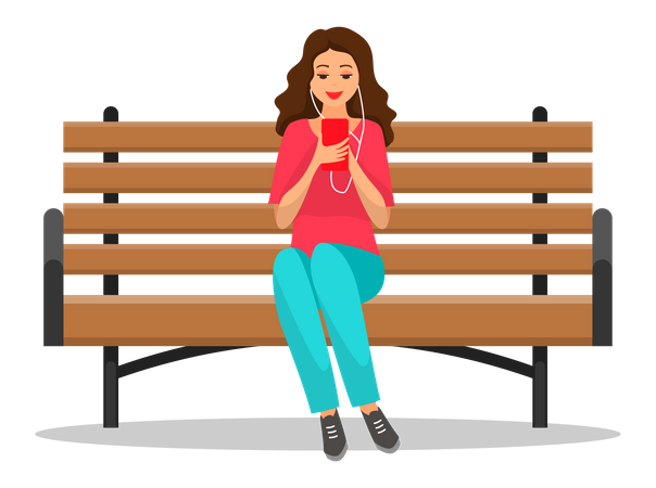 Femme assise sur un banc et écoutant de la musique  Illustration