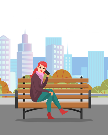 Femme assise sur un banc et parlant au téléphone  Illustration