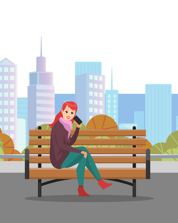 Femme assise sur un banc et parlant au téléphone  Illustration
