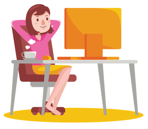 Femme assise sur le bureau devant l'ordinateur avec une tasse de café pour le travail  Illustration