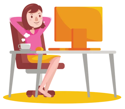 Femme assise sur le bureau devant l'ordinateur avec une tasse de café pour le travail  Illustration