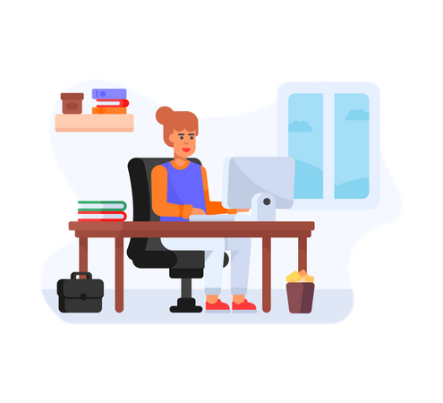 Femme assise sur un bureau et travaillant sur un ordinateur  Illustration