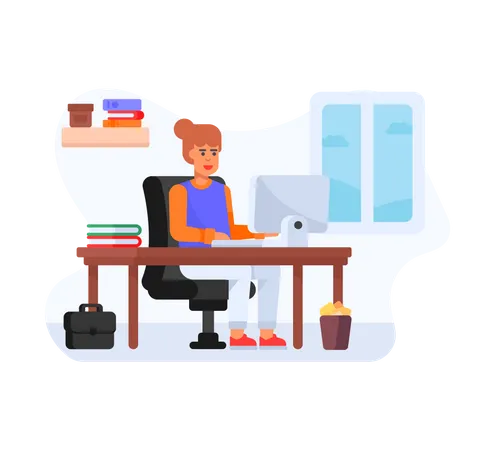 Femme assise sur un bureau et travaillant sur un ordinateur  Illustration