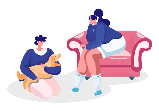 Femme assise sur un canapé confortable jouant avec un chat  Illustration