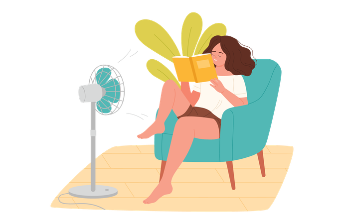Femme assise sur un canapé devant un ventilateur avec un livre de lecture  Illustration