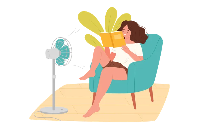 Femme assise sur un canapé devant un ventilateur avec un livre de lecture  Illustration