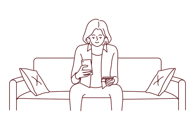 Femme assise sur un canapé tout en effectuant un paiement par carte  Illustration