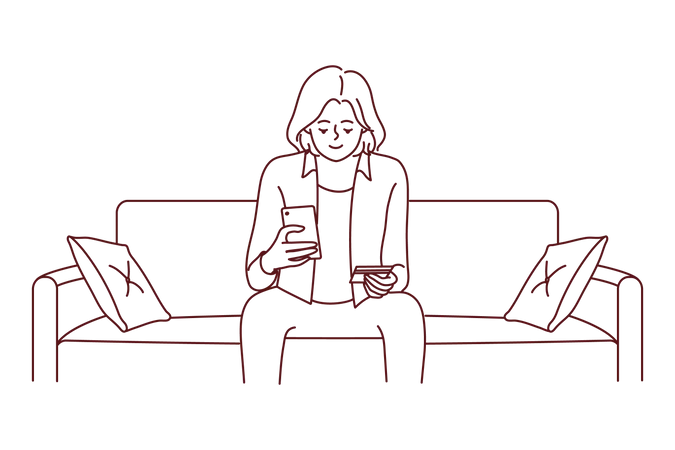 Femme assise sur un canapé tout en effectuant un paiement par carte  Illustration