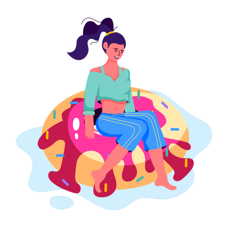 Femme assise sur un donut au bord de la piscine  Illustration