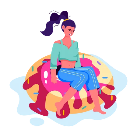 Femme assise sur un donut au bord de la piscine  Illustration