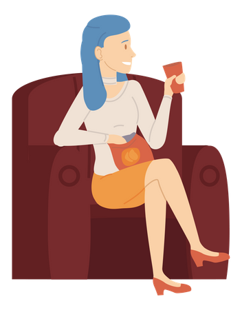 Femme assise sur un fauteuil, buvant du café ou du thé et mangeant des chips  Illustration
