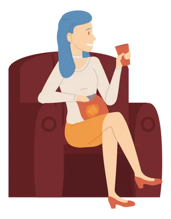 Femme assise sur un fauteuil, buvant du café ou du thé et mangeant des chips  Illustration