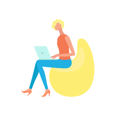 Femme assise sur une chaise Bean et travaillant sur un ordinateur portable  Illustration