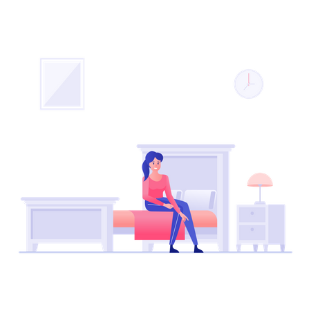 Femme assise sur le lit dans une chambre d'hôtel  Illustration