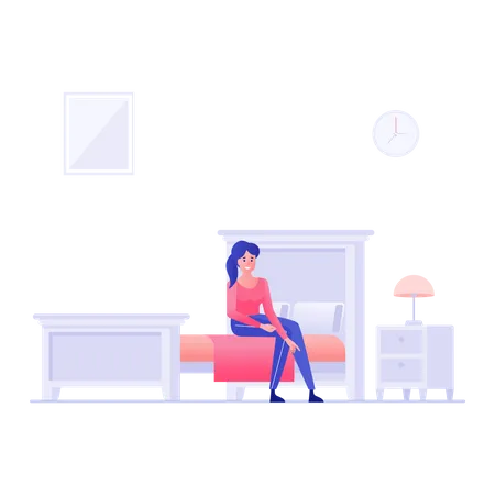 Femme assise sur le lit dans une chambre d'hôtel  Illustration