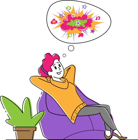 Femme assise sur un pouf dans une posture détendue rêvant et imaginant des images colorées  Illustration