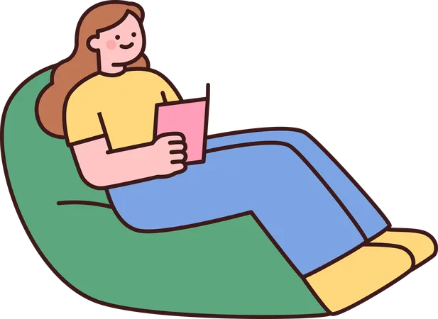 Femme assise sur un pouf et lisant un livre  Illustration