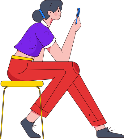 Femme assise sur un tabouret et utilisant un smartphone  Illustration