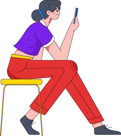 Femme assise sur un tabouret et utilisant un smartphone  Illustration