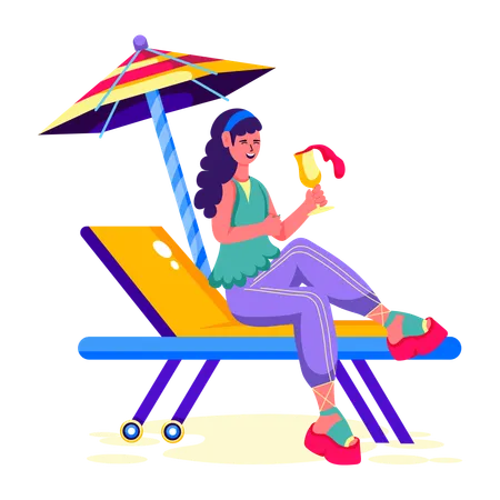 Femme assise sur un transat sous un parasol  Illustration