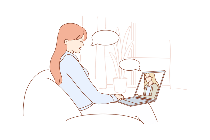 Femme assise sur une chaise à la maison parlant avec un ami en ligne  Illustration