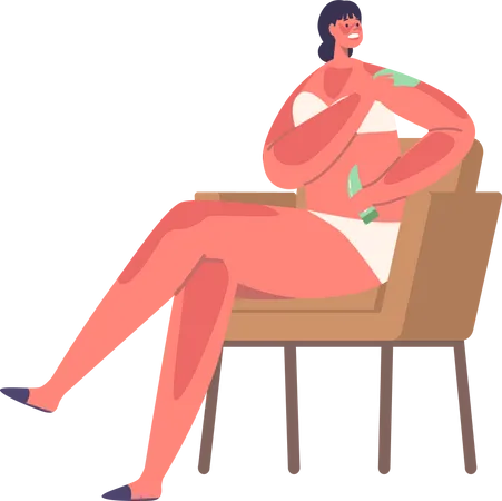 Une femme assise sur une chaise applique de la crème contre les coups de soleil  Illustration