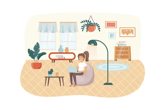 Femme assise sur une chaise avec un ordinateur portable dans le salon  Illustration