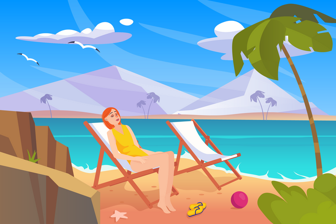 Femme assise sur une chaise de plage  Illustration