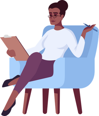 Femme assise sur une chaise écrivant des notes  Illustration