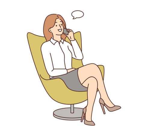 Femme assise sur une chaise et parlant sur mobile  Illustration