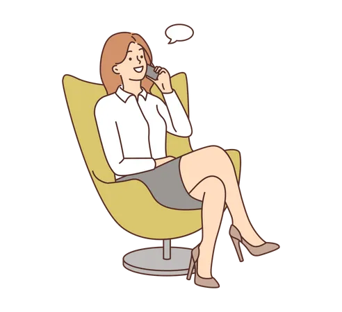 Femme assise sur une chaise et parlant sur mobile  Illustration