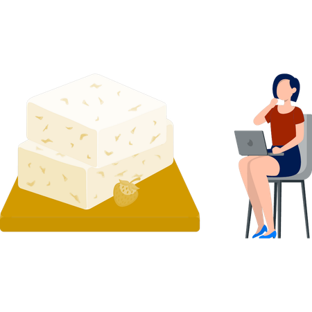 Femme assise sur une chaise et pensant au fromage  Illustration