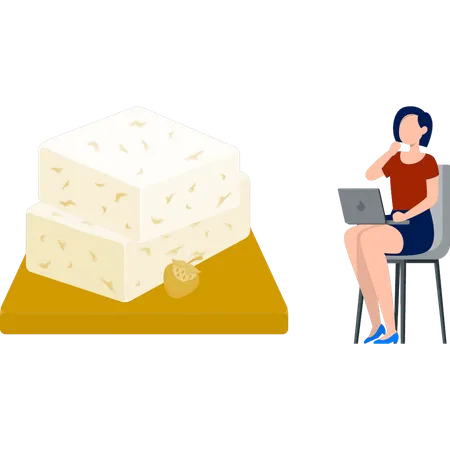 Femme assise sur une chaise et pensant au fromage  Illustration