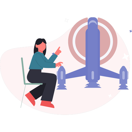 Femme assise sur une chaise et regardant la communication par satellite  Illustration