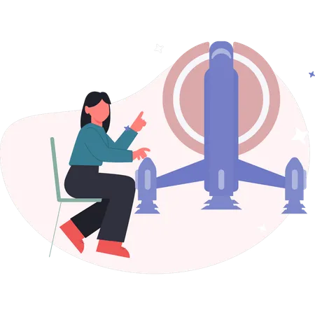 Femme assise sur une chaise et regardant la communication par satellite  Illustration