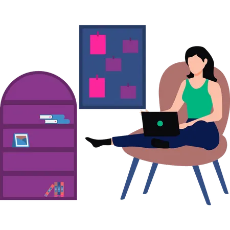 Femme assise sur une chaise et travaillant à domicile  Illustration