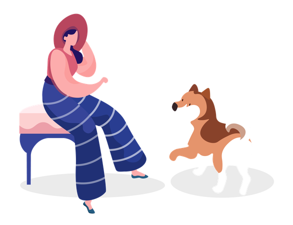 Femme assise sur une chaise jouant avec un chien husky sibérien  Illustration