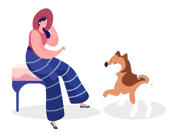 Femme assise sur une chaise jouant avec un chien husky sibérien  Illustration