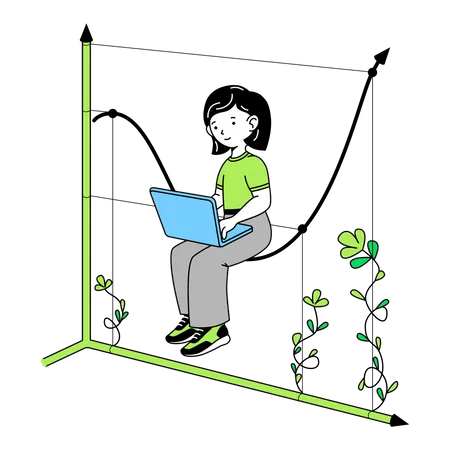 Femme assise sur une courbe graphique avec un ordinateur portable  Illustration