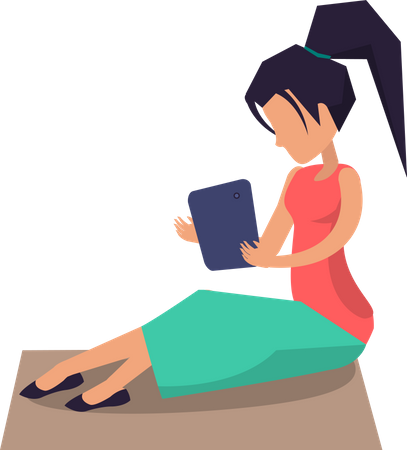 Femme assise sur une couverture sur la pelouse et travaillant avec un ordinateur portable  Illustration