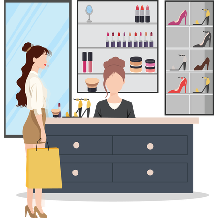 Femme assise sur une table faisant des achats en ligne  Illustration