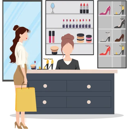 Femme assise sur une table faisant des achats en ligne  Illustration