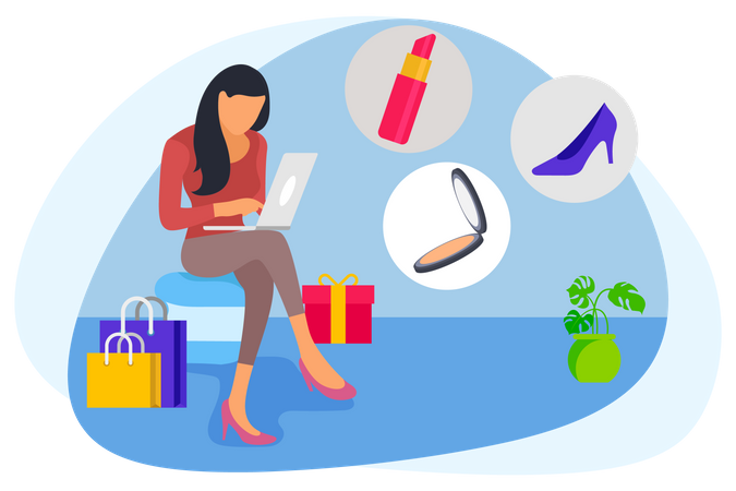 Femme assise sur une table faisant des achats en ligne  Illustration